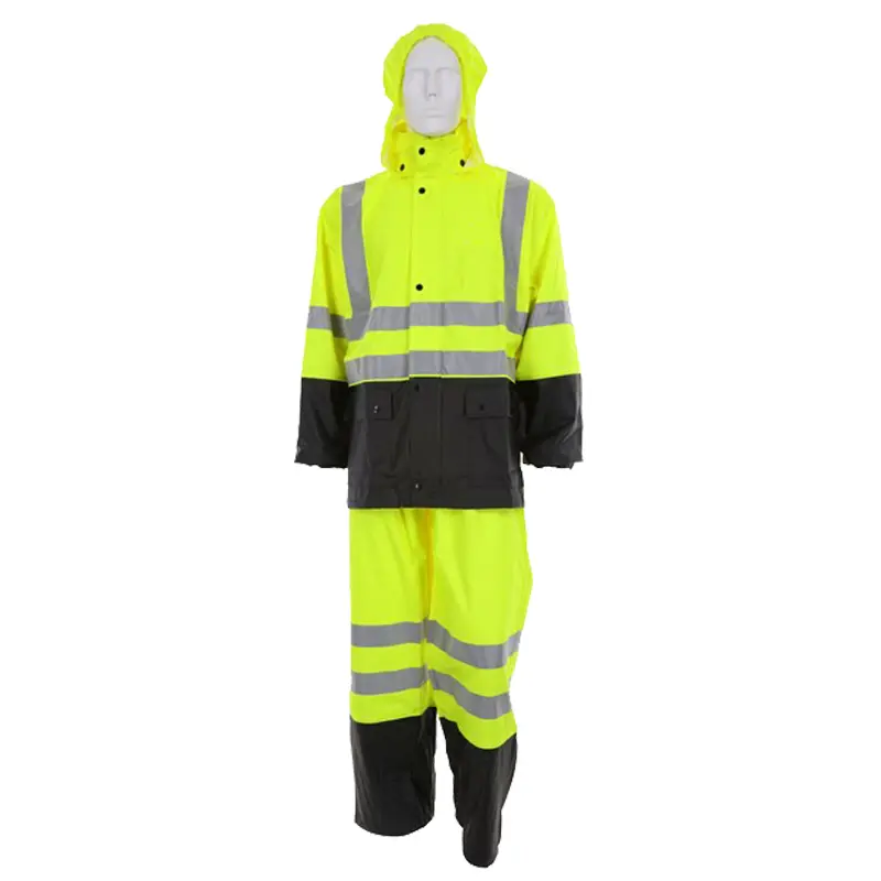 Hi-Visibility PU Cotton Poly Blend Stretch Fabric Reflective Rain Suit