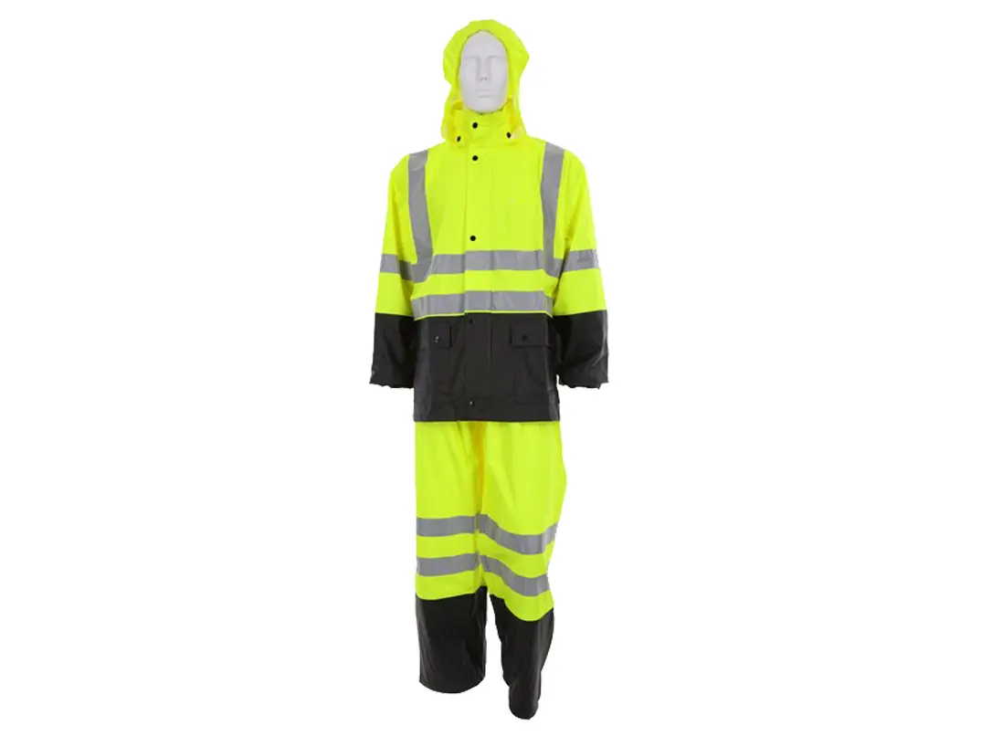 Hi-Visibility PU Cotton Poly Blend Stretch Fabric Reflective Rain Suit