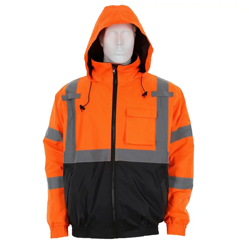 Two Tone Value Bomber Quilted Rain Jacket with Silver Reflective Stripes Orange