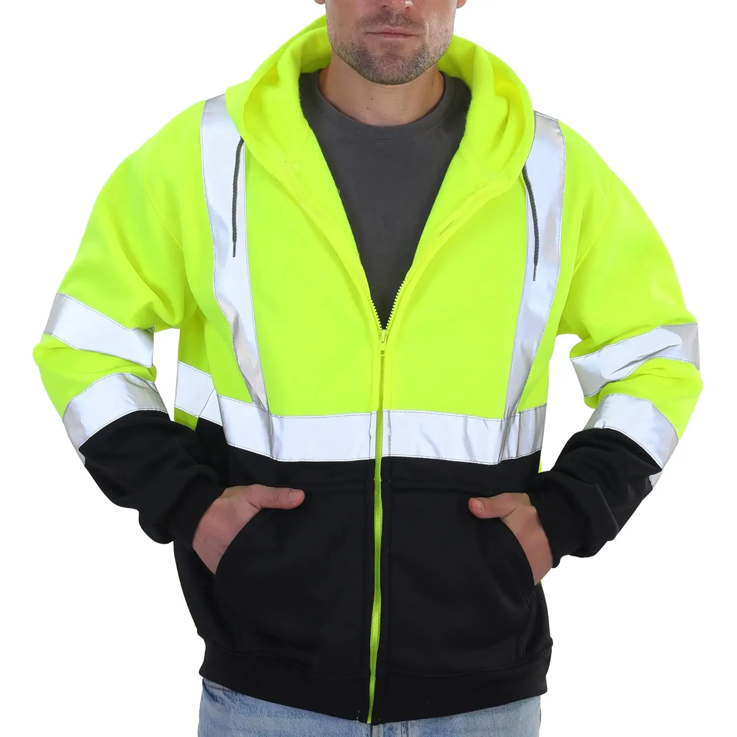 High Visibility Class 3 Reflective Zippered Safety Hooded Sweatshirt