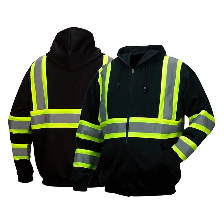 Hi Vis Safety Fleece Zip Hoodie Reflective Sweatshirts ANSI Class 3