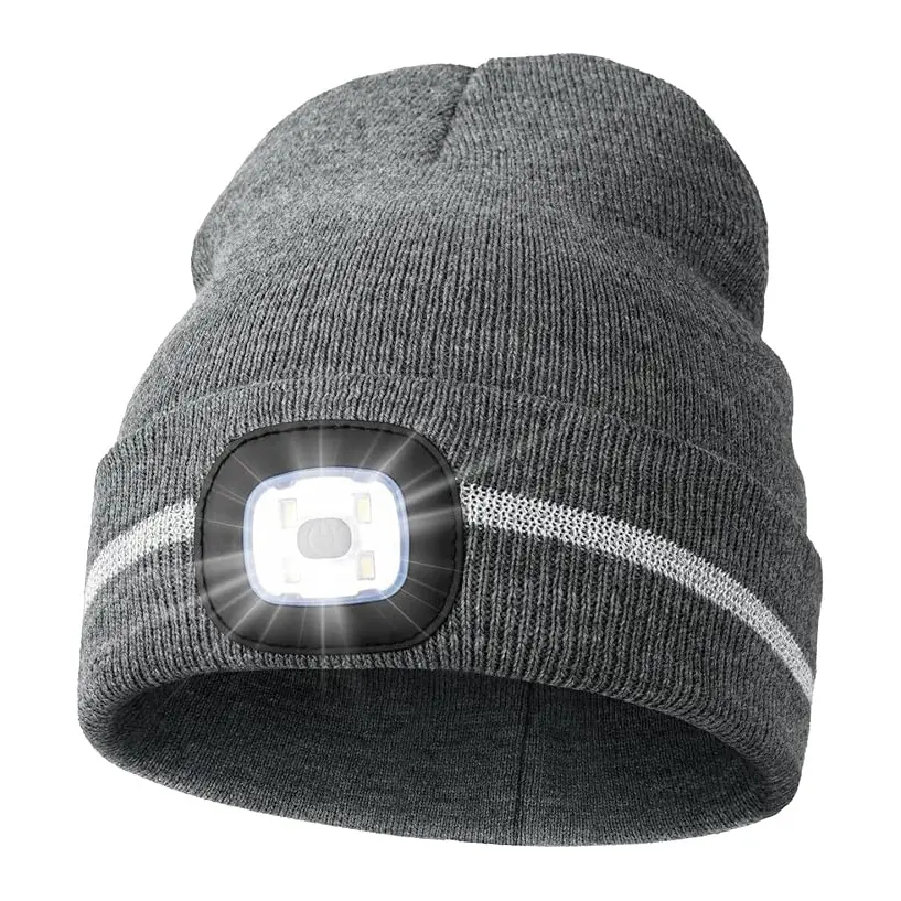 Unisex USB Rechargeable 4 LED Headlamp Cap Winter Hat 